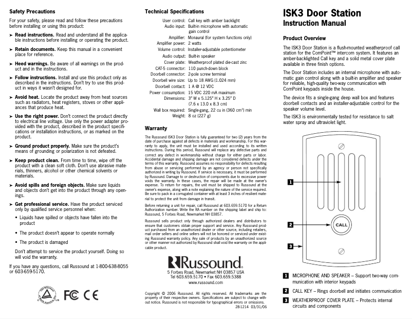 Page n°1 - Manuel utilisateur Russound ISK3