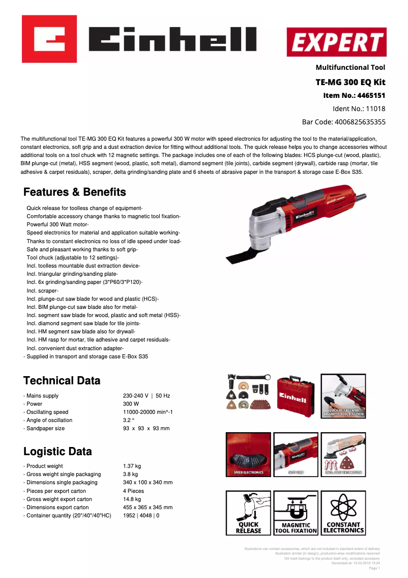 Page 1 de la notice Fiche technique Einhell TE-MG 300 EQ Kit