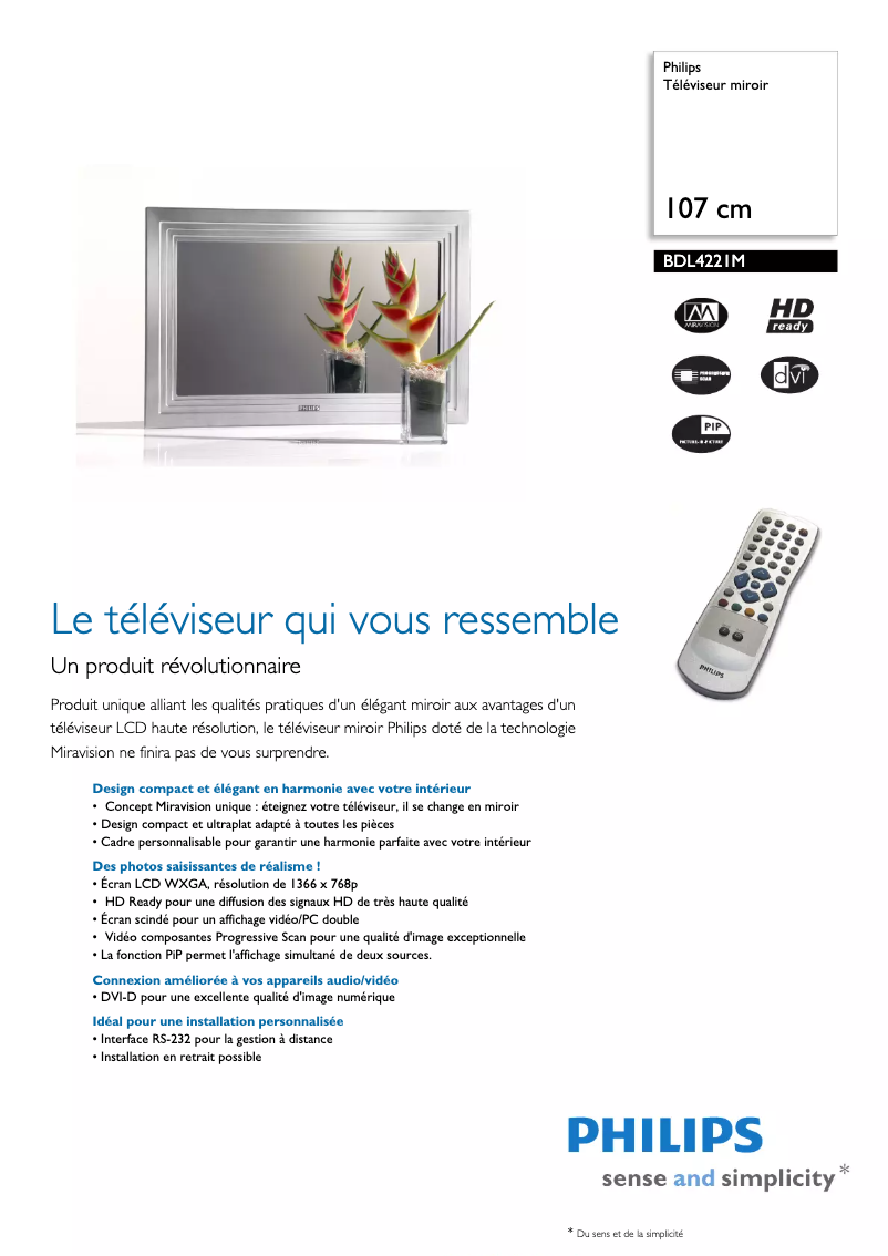 Page 1 de la notice Fiche technique Philips BDL4221M