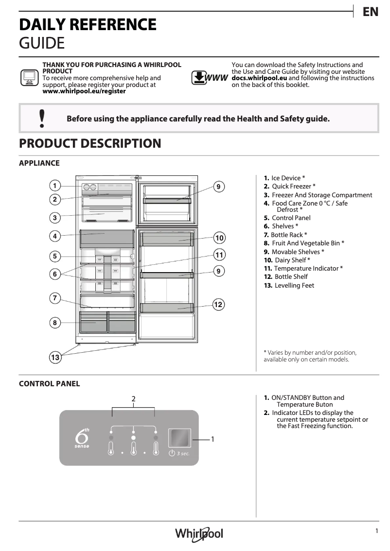 Page 1 de la notice Manuel utilisateur Whirlpool WT70I 832 W