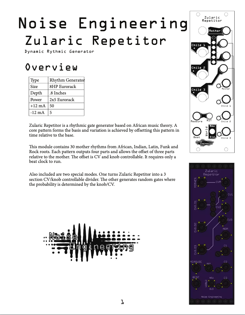 Page 1 de la notice Manuel utilisateur Noise Engineering Zularic Repetitor