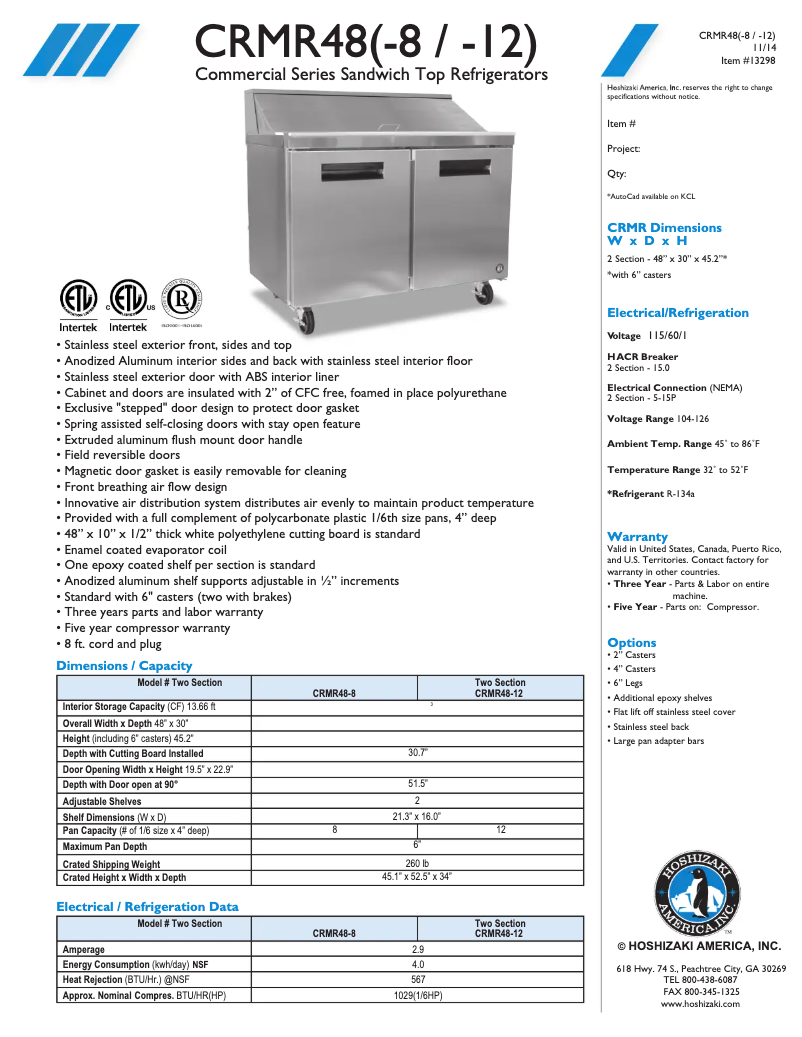 Page n°1 - Fiche technique Hoshizaki CRMR48-8