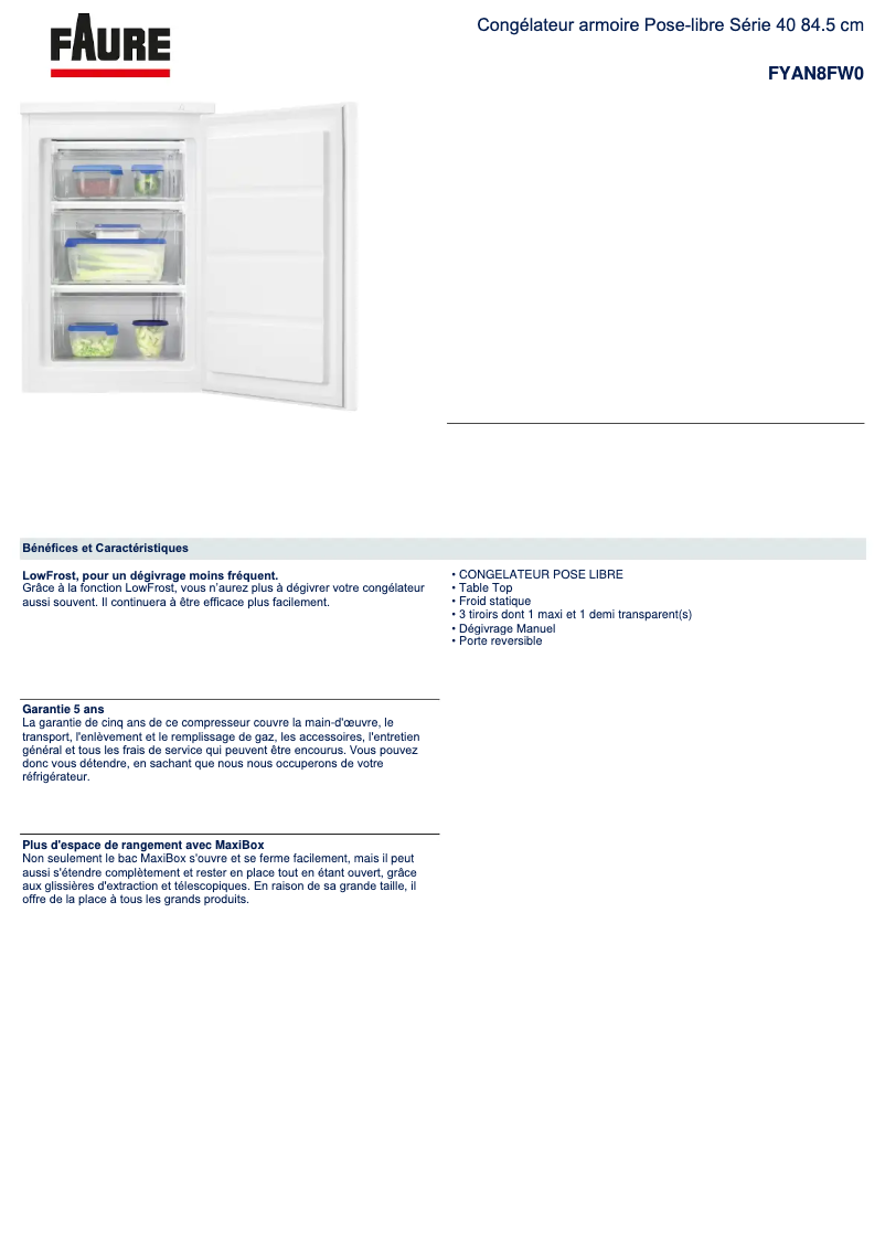 Page 1 de la notice Fiche technique Electrolux FYAN8FW0