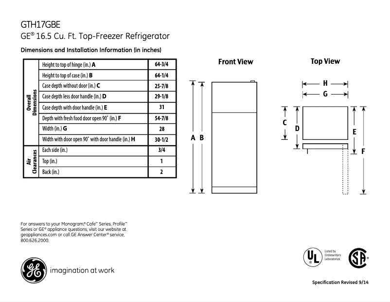 Page 1 de la notice Fiche technique GE GTH17GBEWW