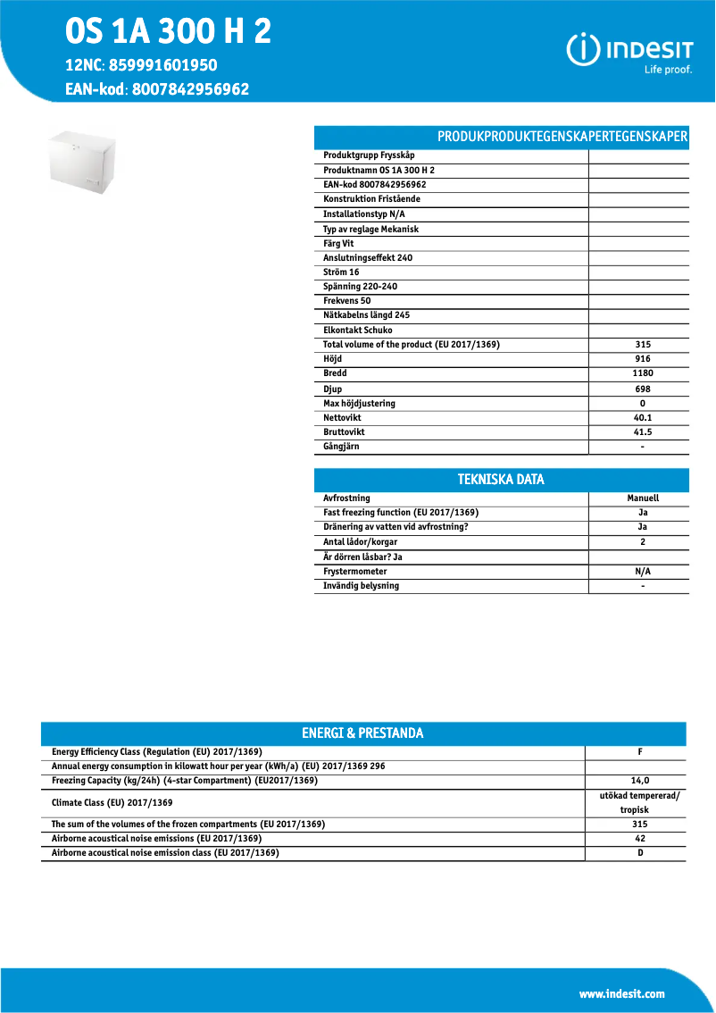 Page 1 de la notice Fiche technique Indesit OS 1A 300 H 2
