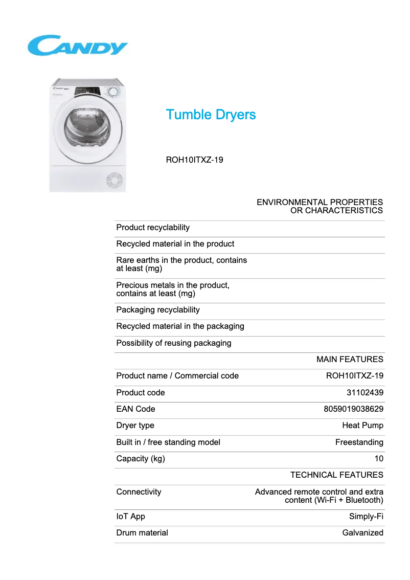 Page 1 de la notice Fiche technique Candy ROH10ITXZ-19