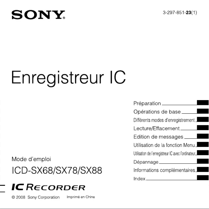 Page 1 de la notice Manuel utilisateur Sony ICD-SX78