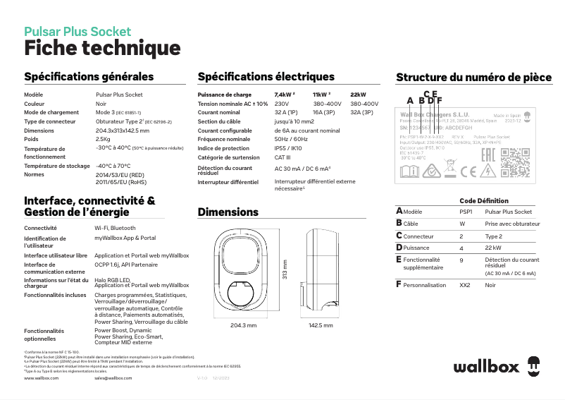 Page n°1 - Fiche technique Wallbox Pulsar Plus Socket