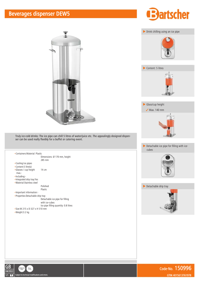 Page 1 de la notice Fiche technique Bartscher DEW5