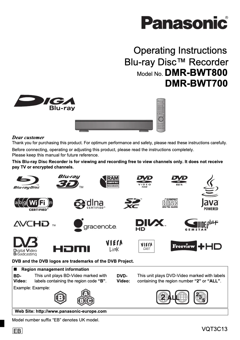 Imagen de la primera página del manual del dispositivo DMR-BWT800