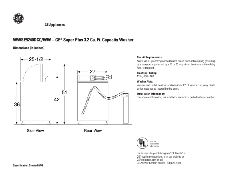 Página 1 del manual Ficha técnica GE WWSE5240DCC