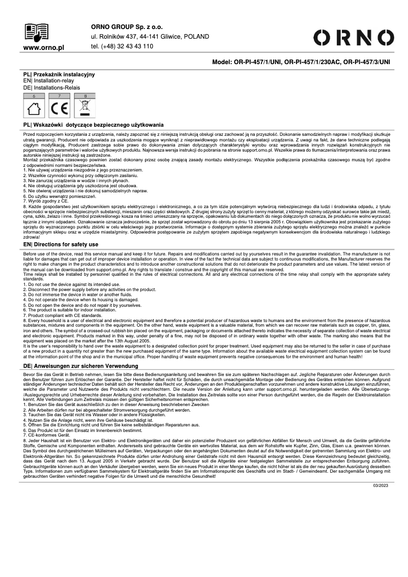 Page n°1 - Manuel utilisateur ORNO OR-PI-457