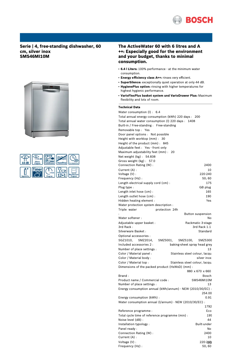 Page 1 de la notice Fiche technique Bosch SMS46MI10M