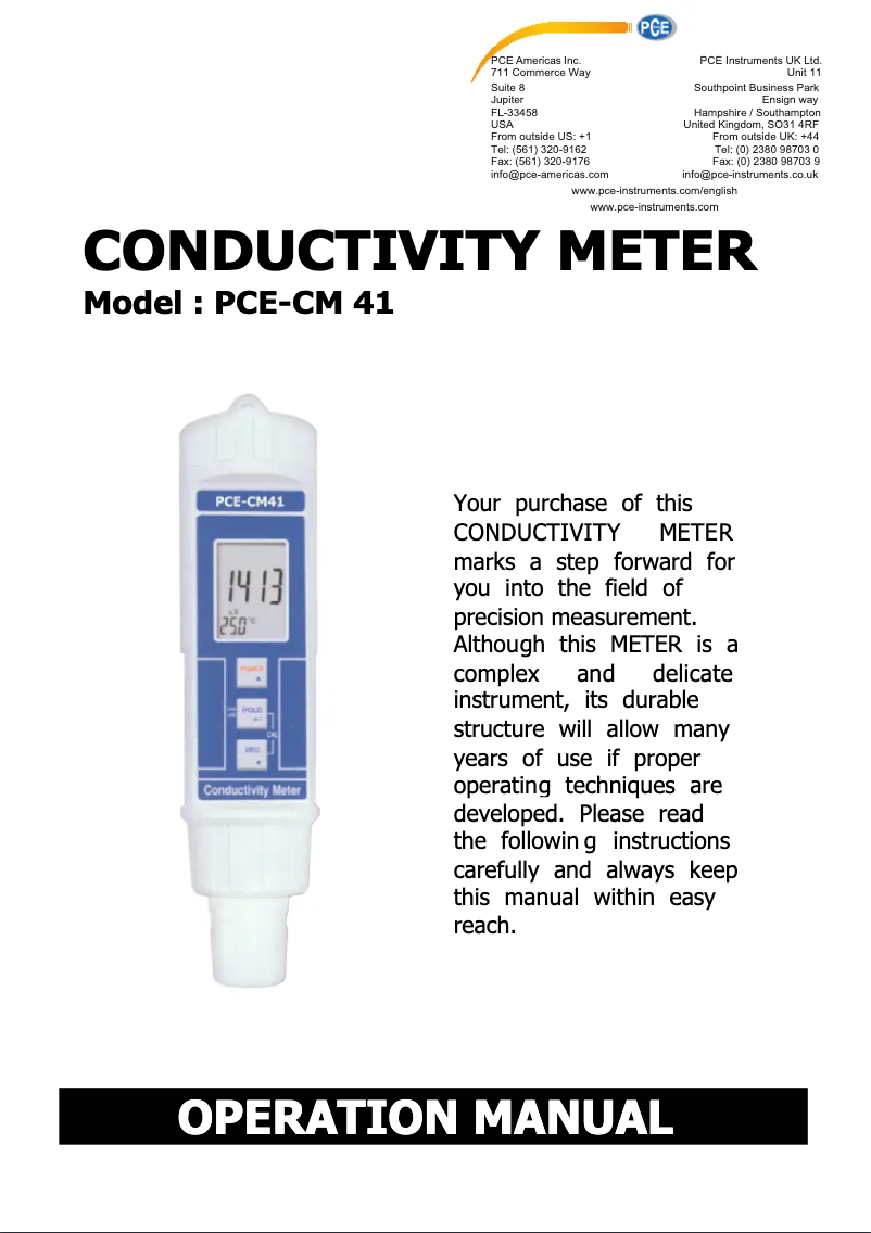 Page n°1 - Manuel utilisateur PCE Instruments PCE-CM 41