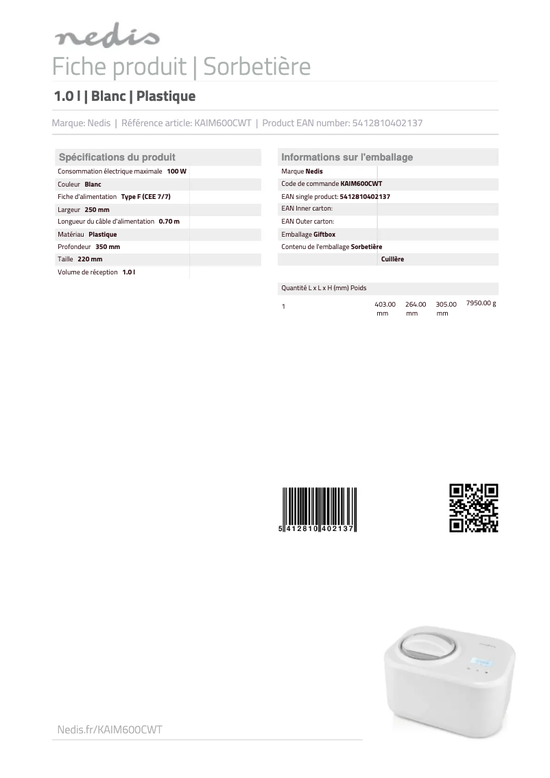 Page n°1 - Fiche technique Nedis KAIM600CWT