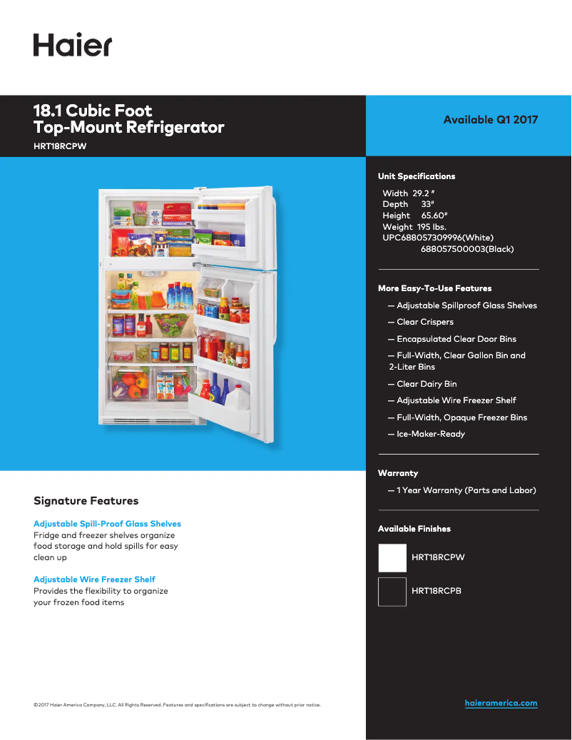 Page 1 de la notice Fiche technique Haier HRT18RCPW