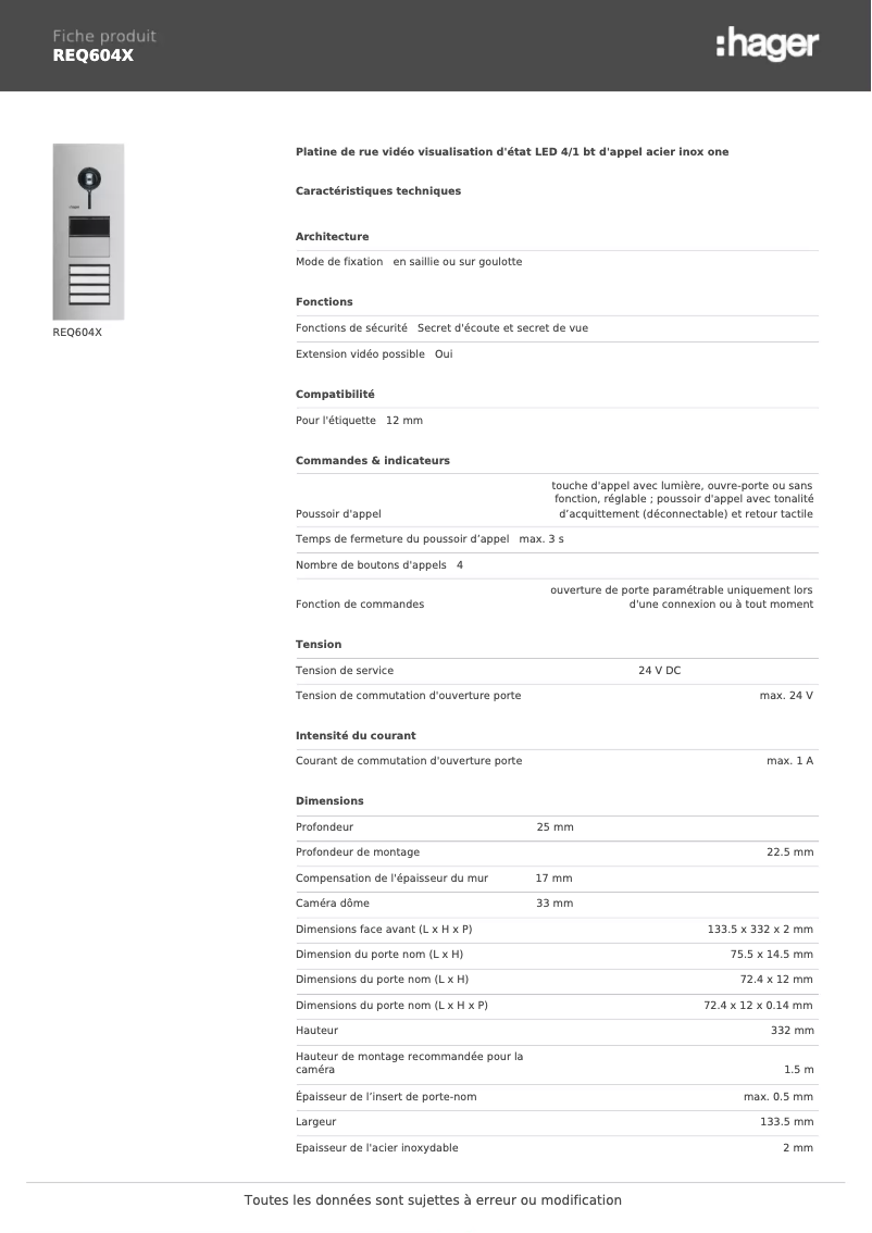 Page 1 de la notice Fiche technique Hager REQ604X