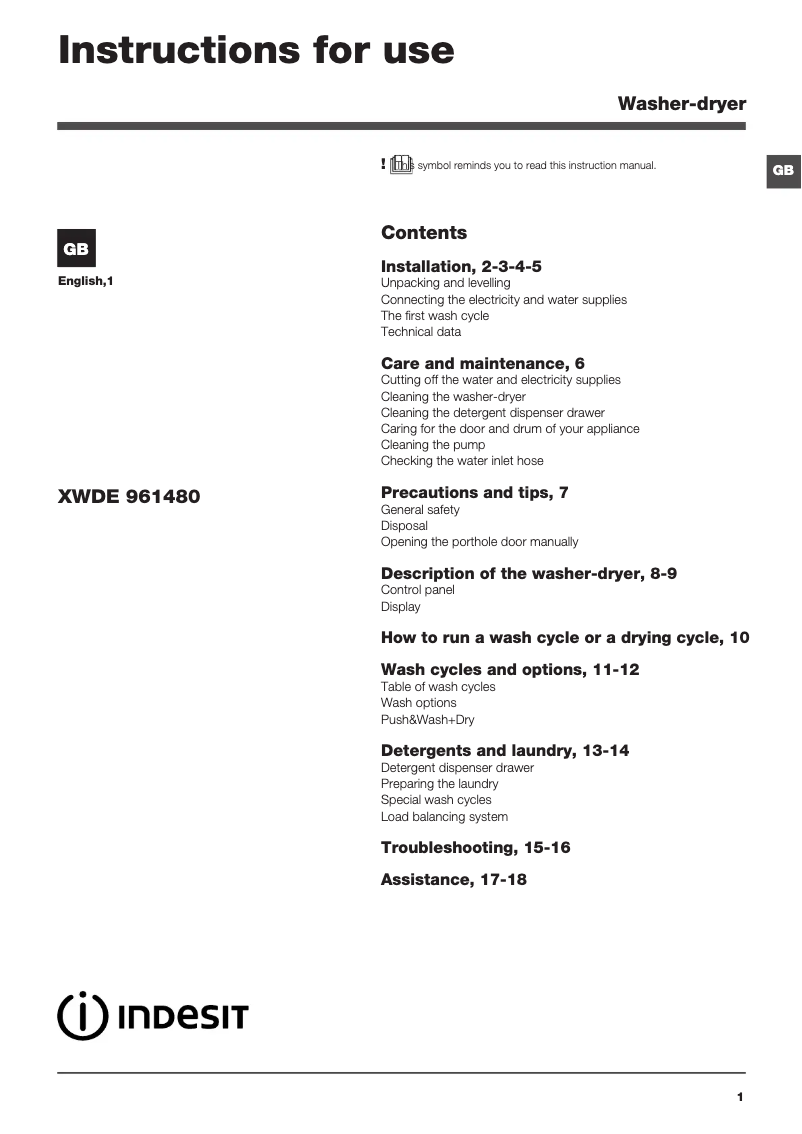 Page n°1 - Mode d'emploi Indesit XWDE 961480X WKKK UK