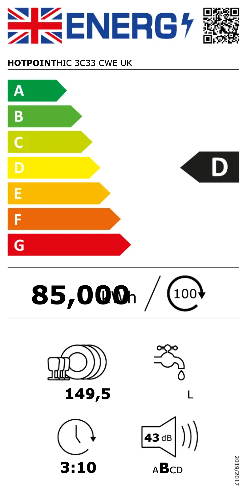 Page 1 de la notice Label énergétique Hotpoint HIC3C33CWEUK