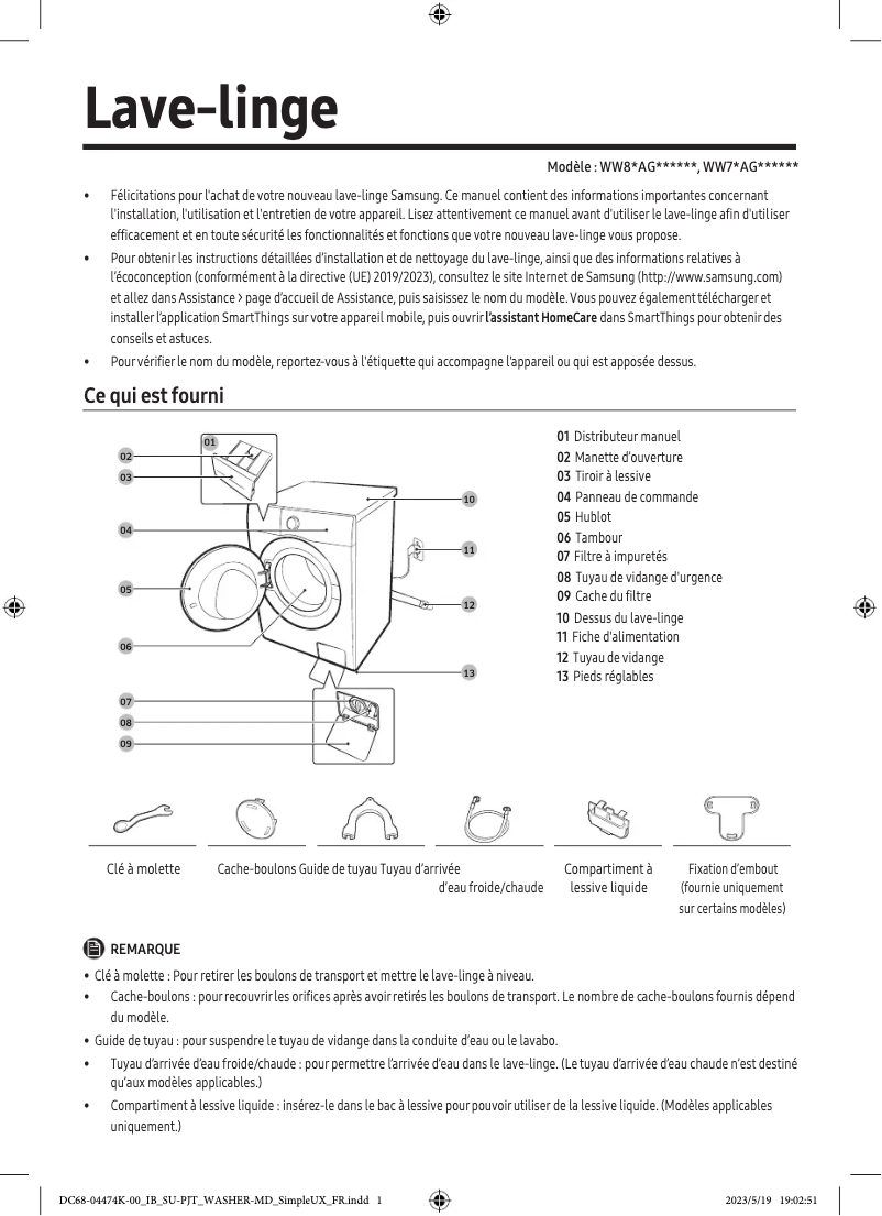 Page 1 de la notice Manuel utilisateur Samsung WW70AG6S28AW