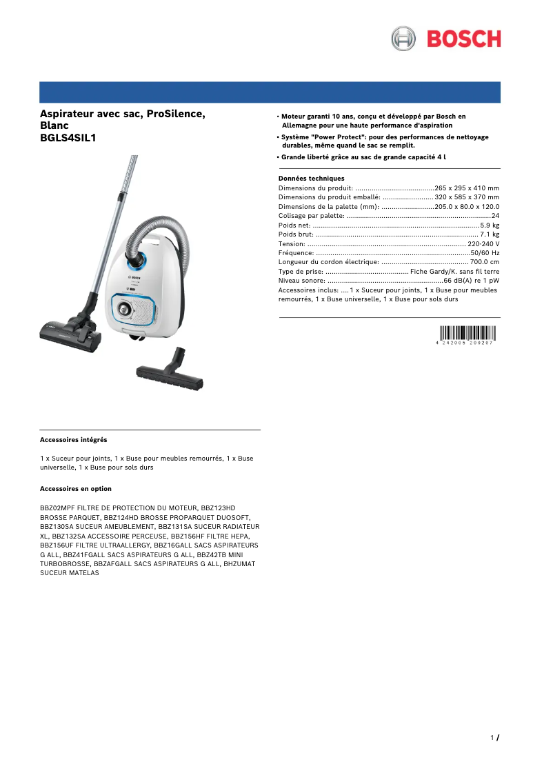 Page n°1 - Fiche technique Bosch ProSilence BGLS4SIL1