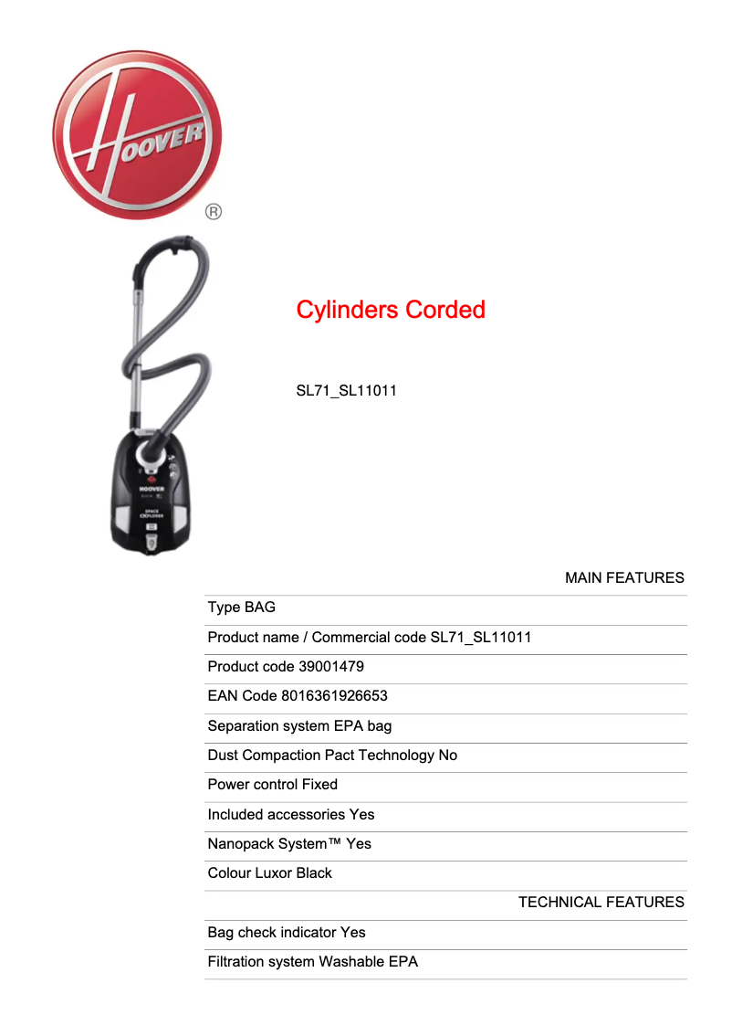 Página 1 del manual Ficha técnica Hoover SL71_SL11011