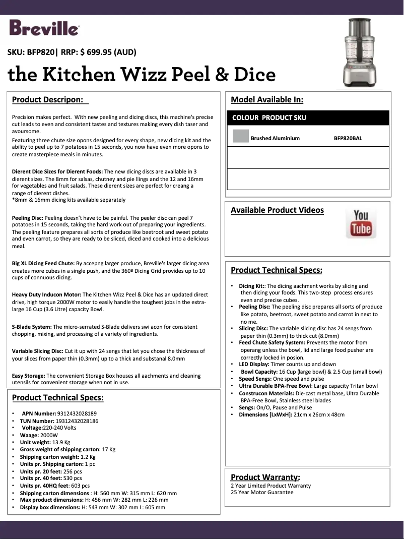 Image de la première page du manuel de l'appareil Kitchen Wizz Peel & Dice BFP820