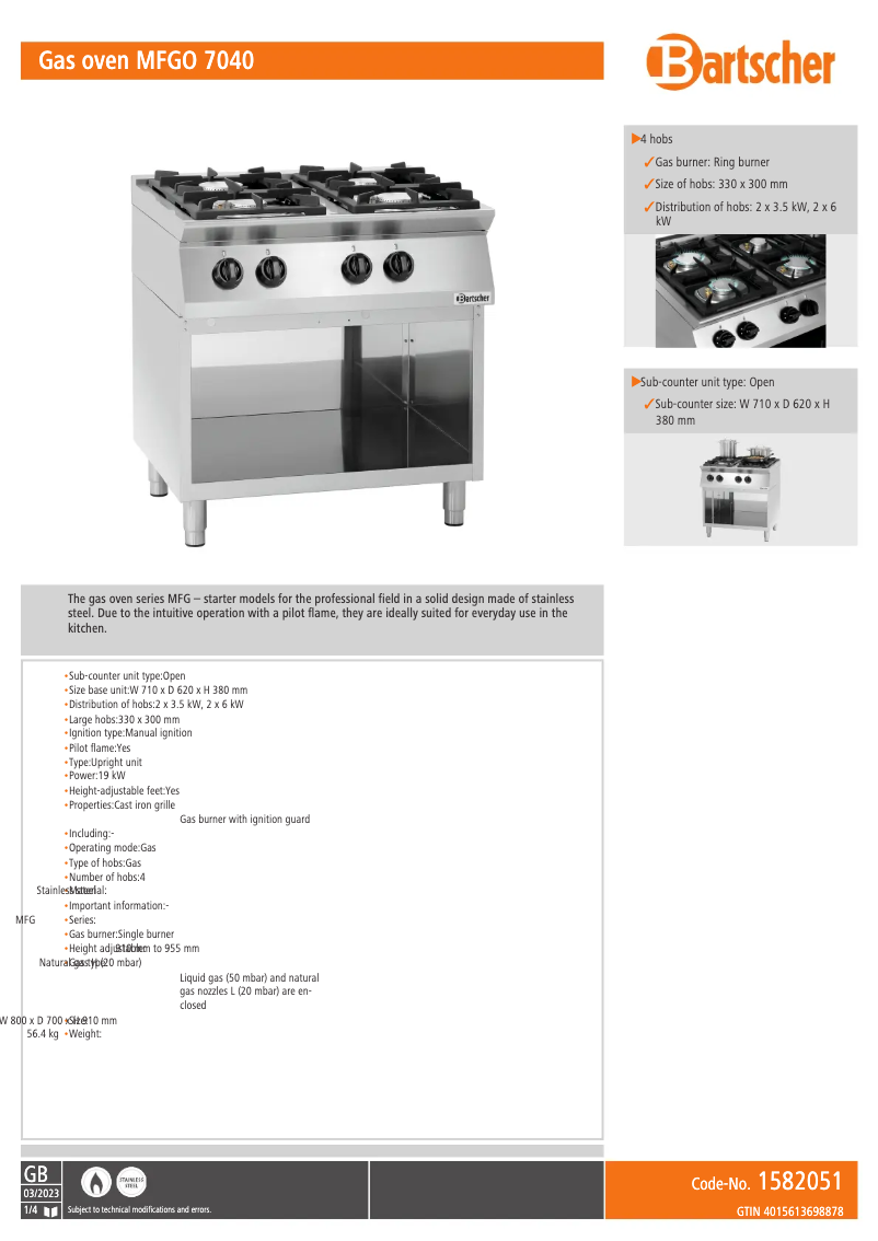 Page n°1 - Fiche technique Bartscher MFGO 7040