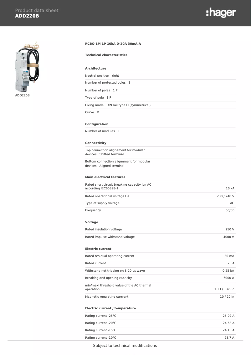 Page n°1 - Fiche technique Hager ADD220B