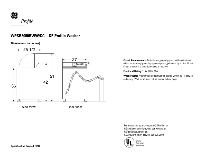 Page n°1 - Fiche technique GE Profile WPSB8060BCC