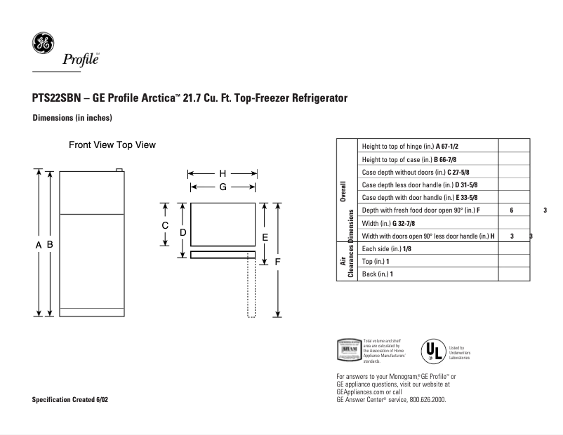 Page n°1 - Fiche technique GE PTS22SBNBS
