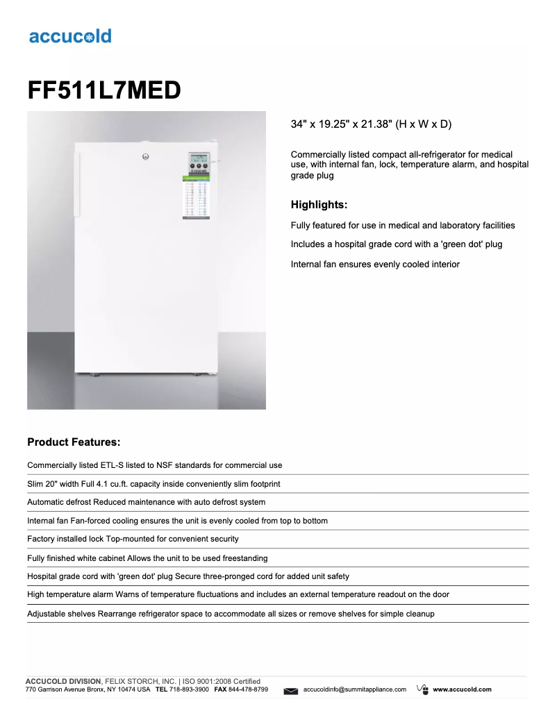 Page 1 de la notice Fiche technique Summit Accucold FF511L7MED