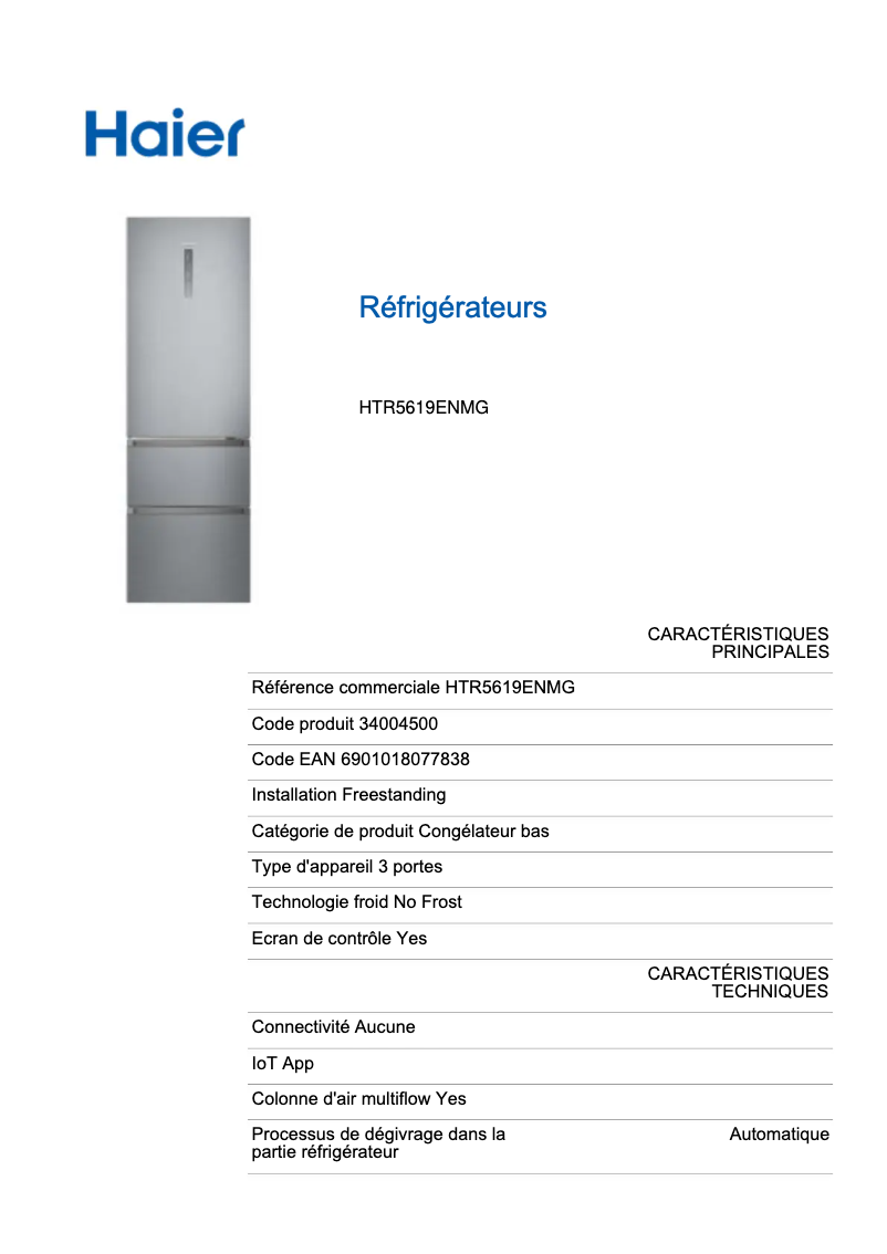 Page n°1 - Fiche technique Haier HTR5619ENMG