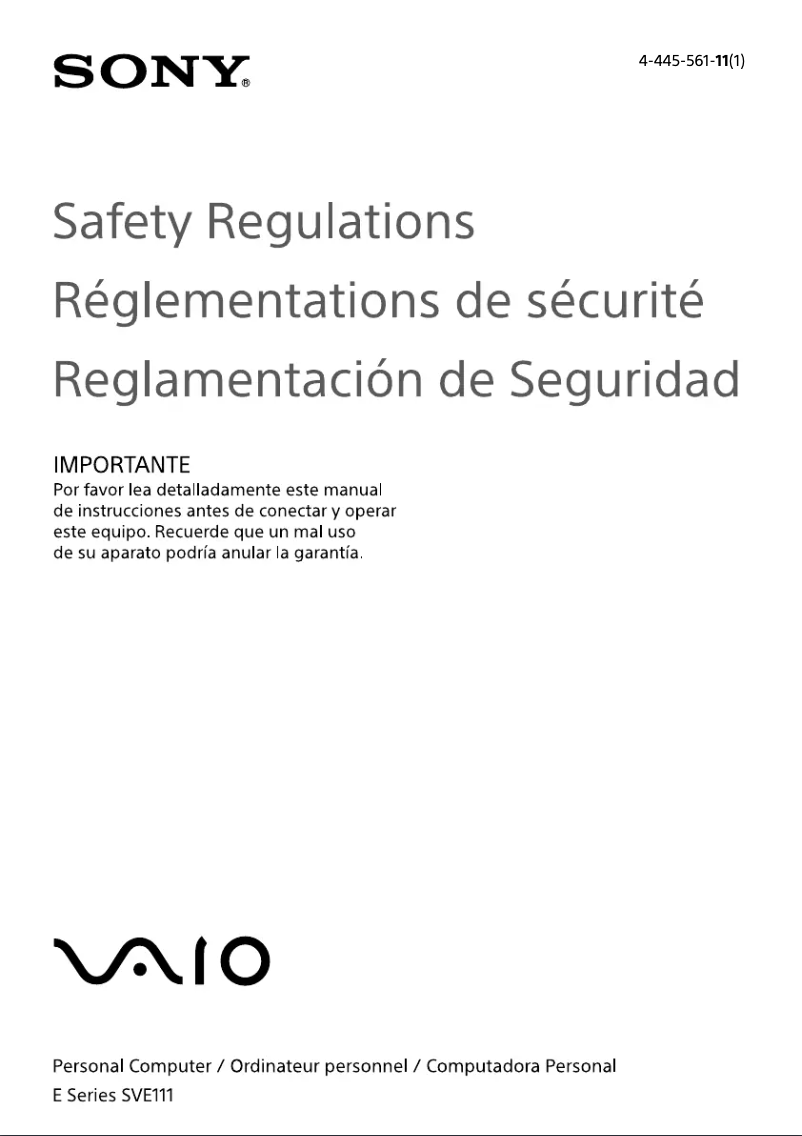 Page 1 de la notice Instructions de sécurité Sony Vaio SVE11125CXB