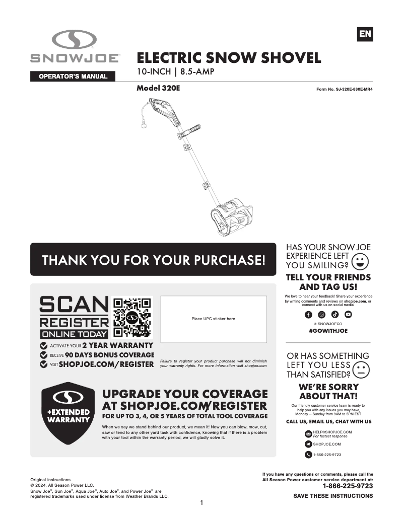 Page n°1 - Manuel utilisateur Snow Joe 320E