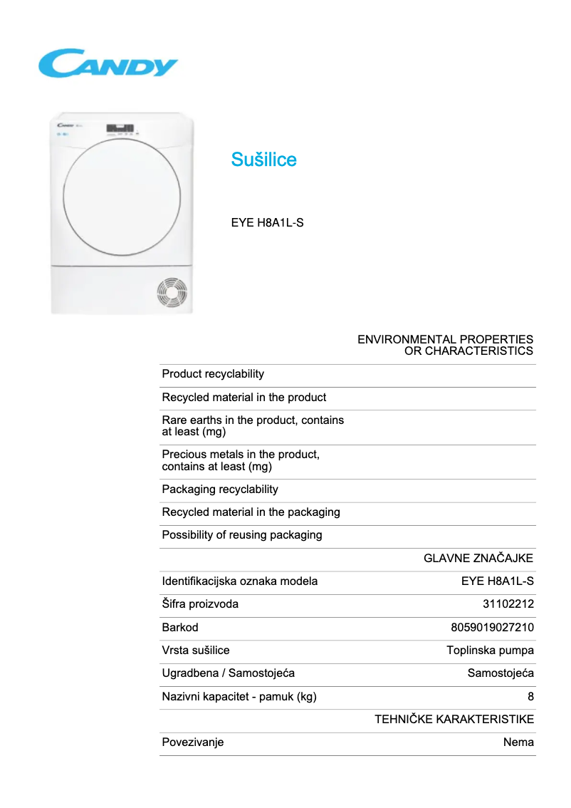 Page 1 de la notice Fiche technique Candy EYE H8A1L-S