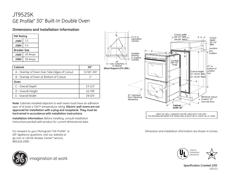 Page 1 de la notice Fiche technique GE JT952SKSS