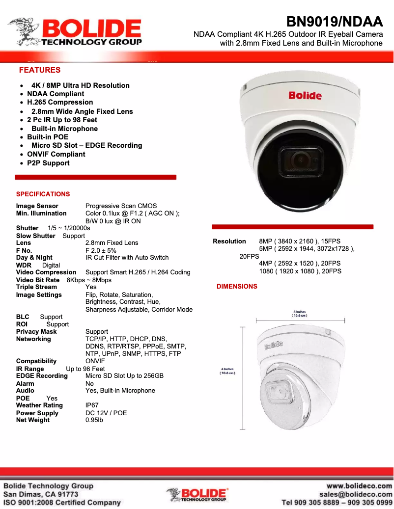 Page 1 de la notice Manuel utilisateur Bolide BN9019/NDAA