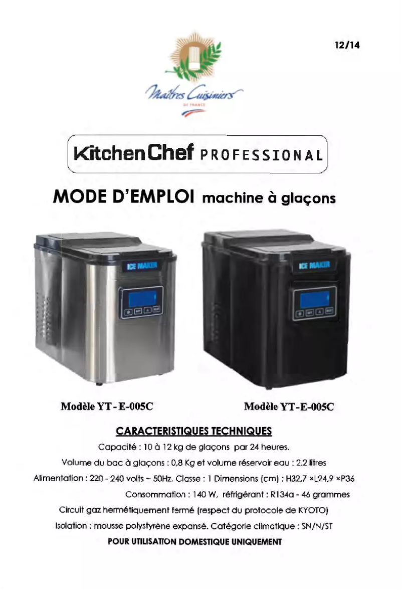 Page n°1 - Manuel utilisateur Kitchen Chef YT-E-005C