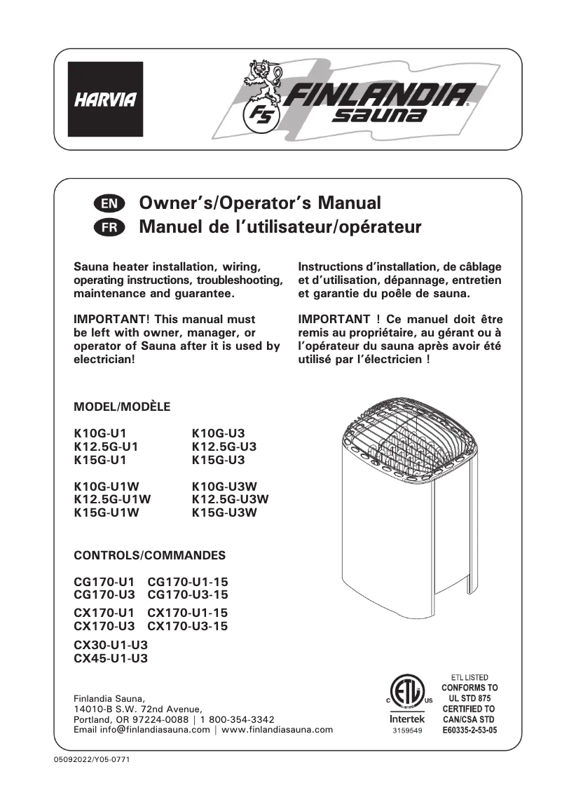 Page 1 de la notice Manuel utilisateur Harvia Club HRKGU122083