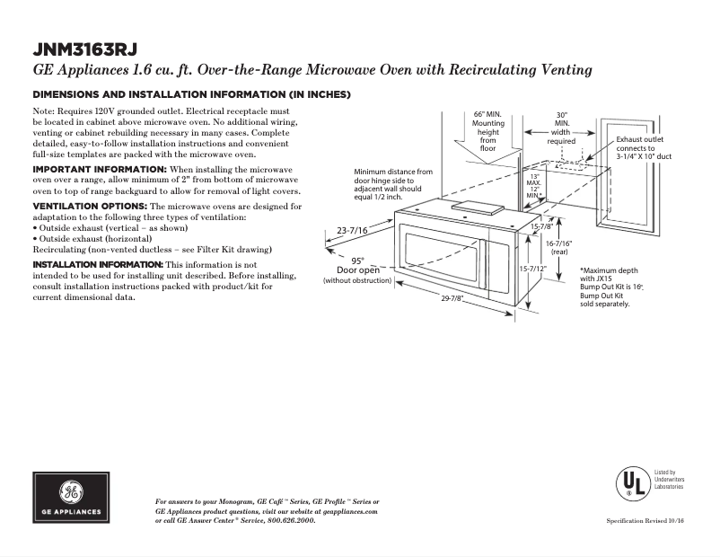 Page 1 de la notice Fiche technique GE JVM3160RFSS