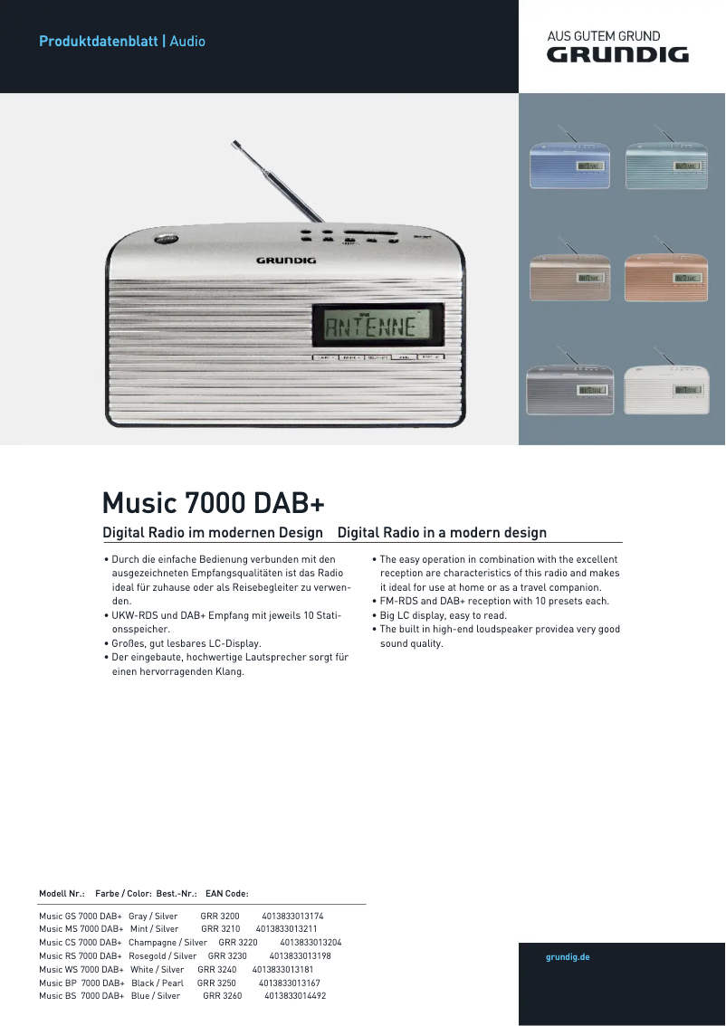 Page 1 de la notice Fiche technique Grundig Music 7000 DAB+
