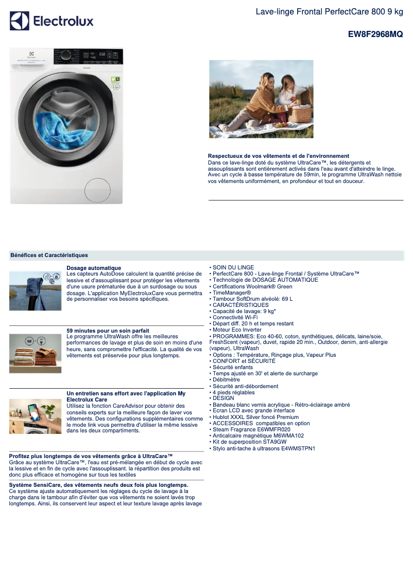 Page 1 de la notice Fiche technique Electrolux EW8F2968MQ
