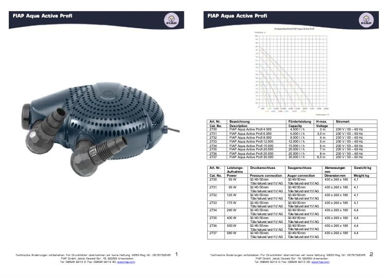 Page n°1 - Manuel utilisateur Fiap Aqua Active Profi 15.000