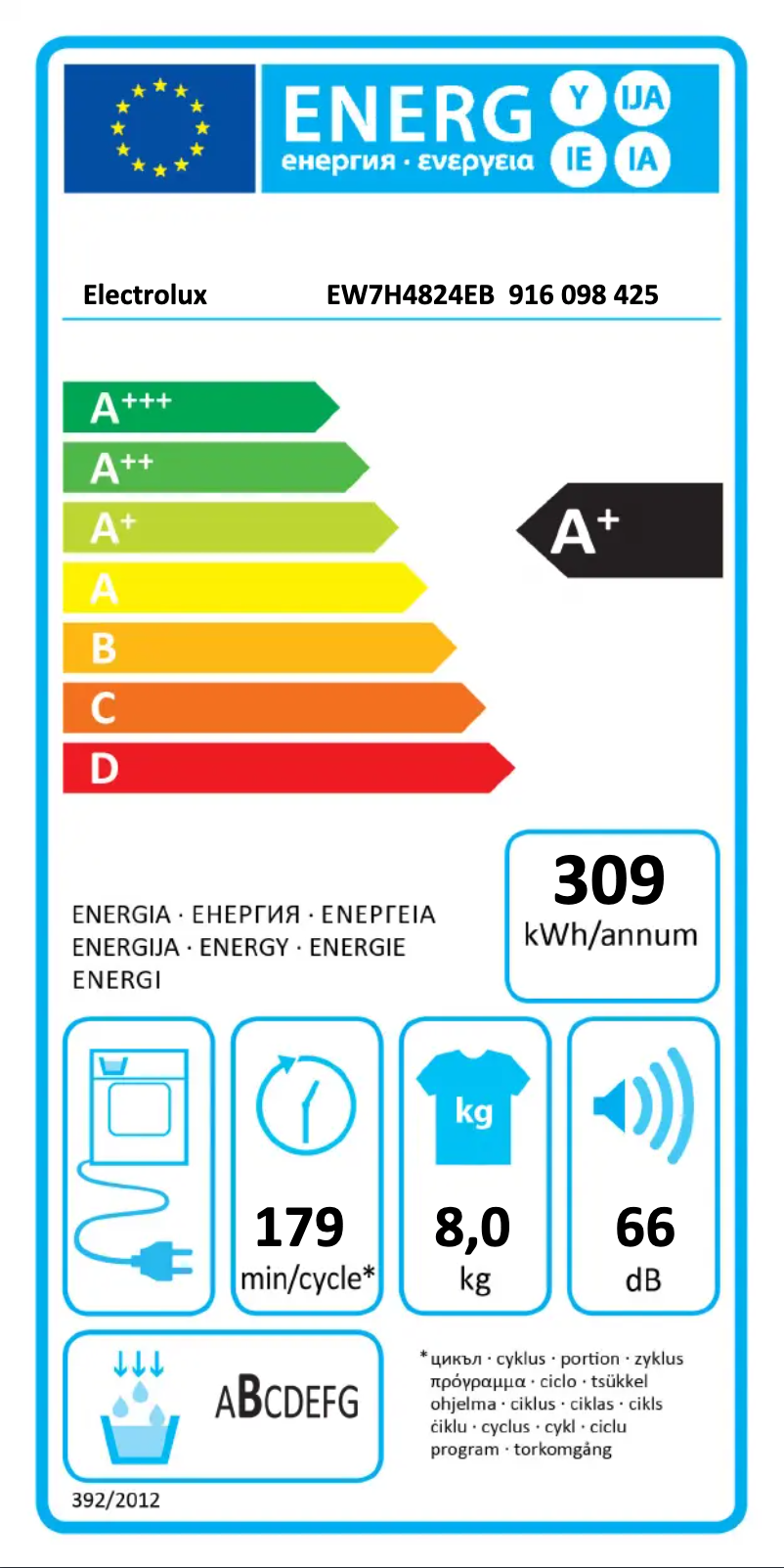 Page n°1 - Label énergétique Electrolux EW7H4824EB