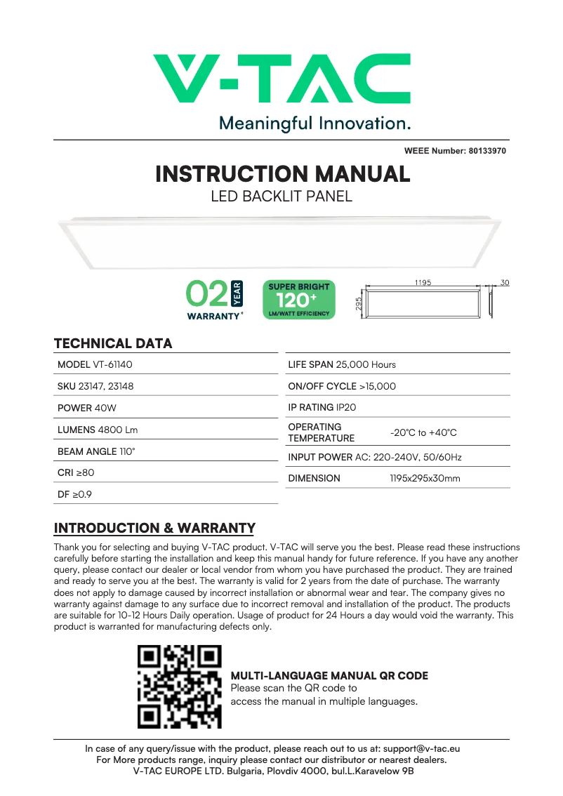 Page 1 de la notice Manuel utilisateur V-TAC VT-61140