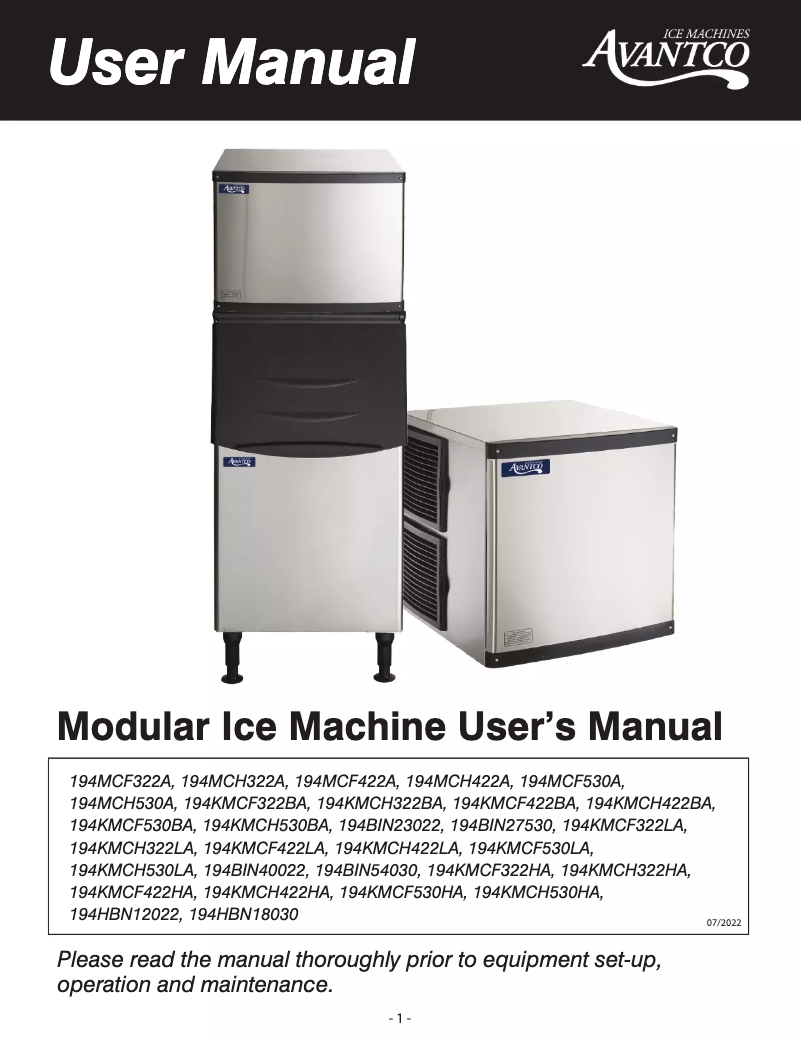 Page n°1 - Manuel utilisateur Avantco Ice KMC-H-422-LA