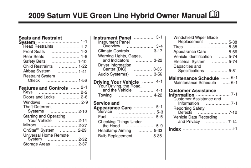 Image de la première page du manuel de l'appareil Vue Green Line Hybrid (2009)