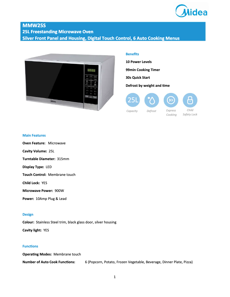 Page 1 de la notice Fiche technique Midea MMW25S