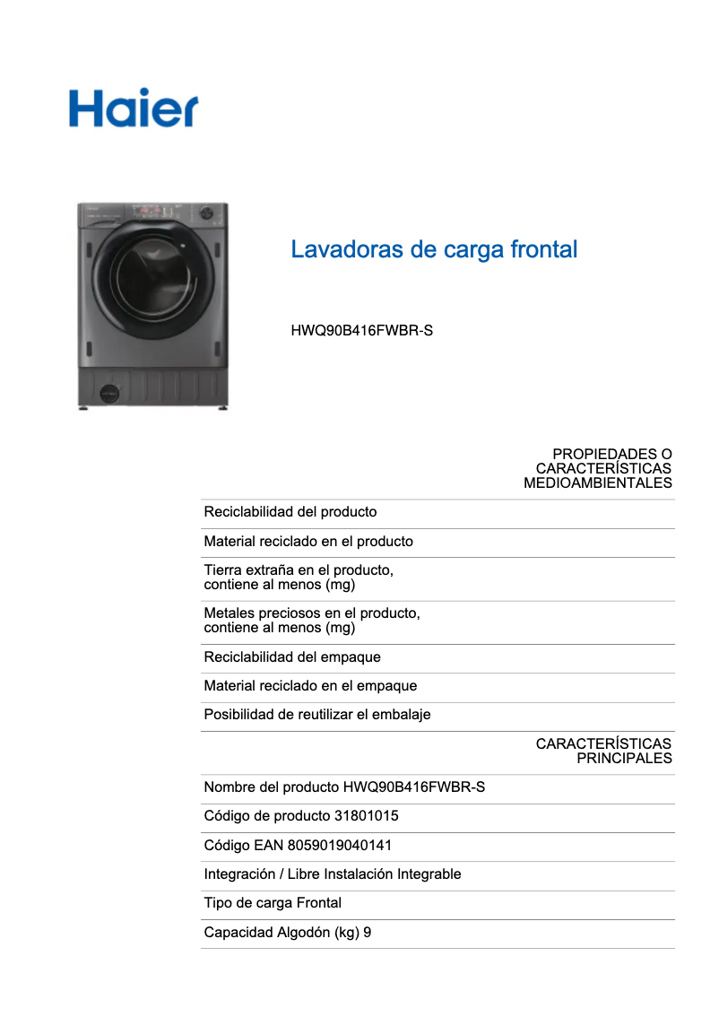 Imagen de la primera página del manual del dispositivo HWQ90B416FWBR